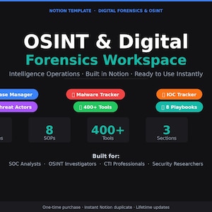 Plantilla de noción de OSINT y análisis forense digital / Espacio de trabajo del analista SOC / 12 bases de datos / 8 manuales de investigación / CTI