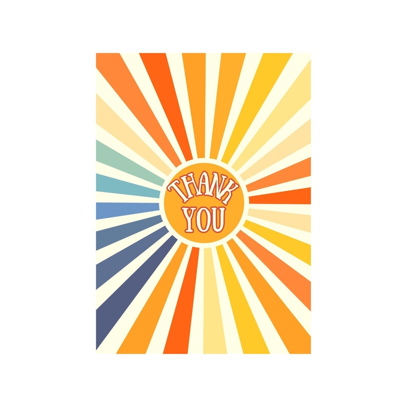 Thank You Card, Digital Download Printable, Retro Groovy Sunshine Thank