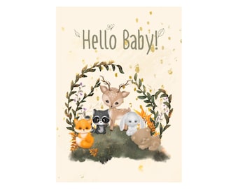 Woodland Baby Shower Card, New Baby Greeting, Hello Baby, Cute Woodland Animals, Gender Neutral, Baby Shower Gift, Baby Announcement