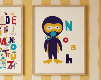 Custom Name Wall Art | Personalized Kids Poster | Noah Name Print | Scuba Diver Nursery Decor | Boys Room Decor | Custom Name Print