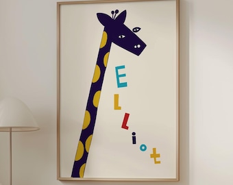 Custom Name Wall Art | Personalized Kids Poster | Elliot Name Print | Whimsical Giraffe Nursery Decor | Boys Room Decor | Custom Name Print