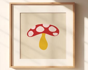 Minimal Mushroom Poster | Mushroom Wall Art | Retro Nursery Decor | Botanical Print | Colorful Room Art (Square)