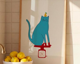 Cat Wall Art | Cat Lover Gift | Cat on Kitchen Scale Poster | Quirky Kitchen Decor | Whimsical Cat Print | Eclectic Wall Art