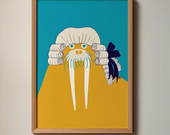 Walrus Wall Art | Whimsical Animal Poster | Powdered Wig Art Print | Funny Art Print | Eclectic Wall Art | Colorful Maximalist Decor