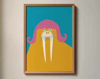Walrus Wall Art | Whimsical Animal Poster | Pink Wig Art Print | Funny Art Print | Eclectic Wall Art | Colorful Maximalist Decor