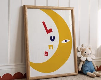 Personalized Name Poster – Luna | Whimsical Moon Nursery Art, Vintage Wall Decor, Kids Bedroom Print, Night Sky Toddler Decor