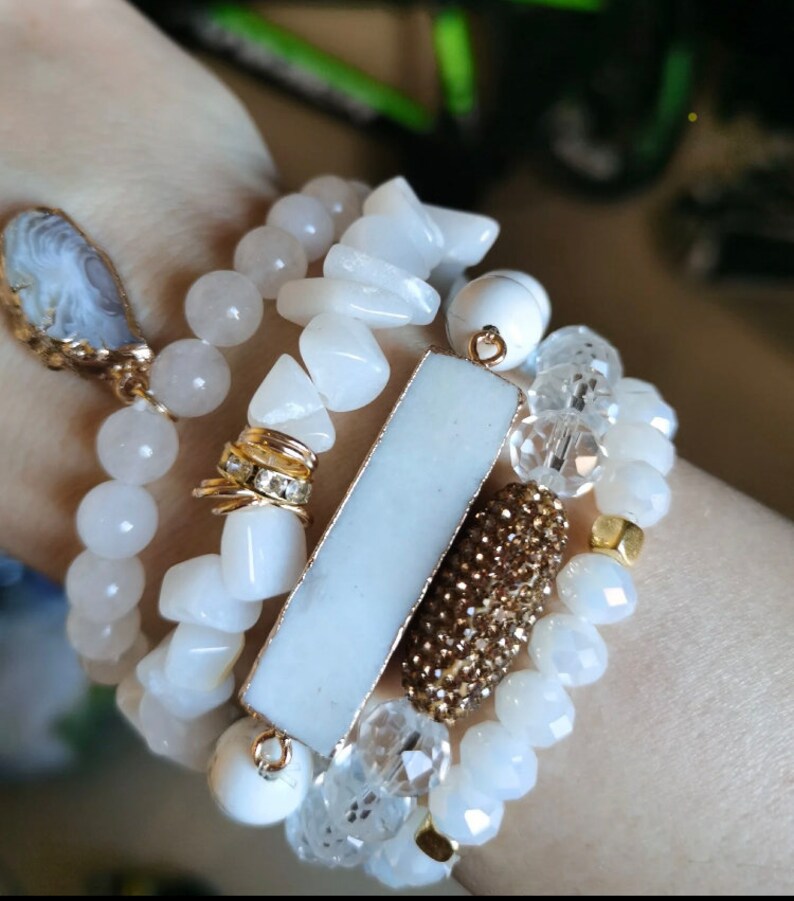 5 Piece Beaded Gemstone Natural Stone Statement Piece Bracelet Etsy