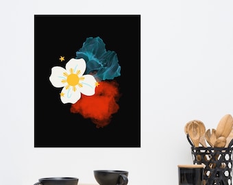 Puede incluir: Una flor blanca con un sol amarillo y tres estrellas en el centro, rodeada de nubes de acuarela roja, azul y blanca sobre un fondo negro.
