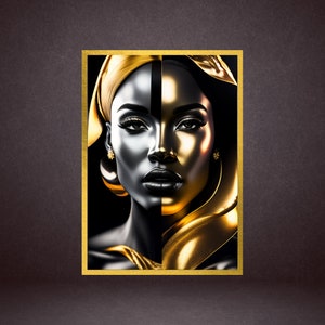 Pode incluir: Um retrato emoldurado de uma mulher com metade do rosto pintado de ouro e a outra metade de prata. Ela est&aacute; usando um turbante dourado e brincos dourados.
