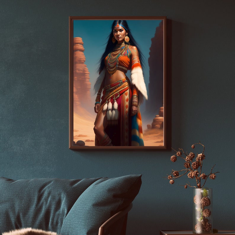May include: A painting of a woman wearing a colorful Native American-inspired outfit, standing in a desert landscape. She has long dark hair, a beaded necklace, and a feathered headdress.
