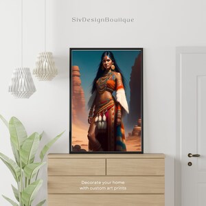 May include: A digital painting of a woman wearing a colorful Native American-inspired outfit. She is standing in a desert landscape with rock formations in the background. The woman has long black hair, dark eyes, and is wearing a beaded necklace, a feathered headdress, and a long skirt with fringe.