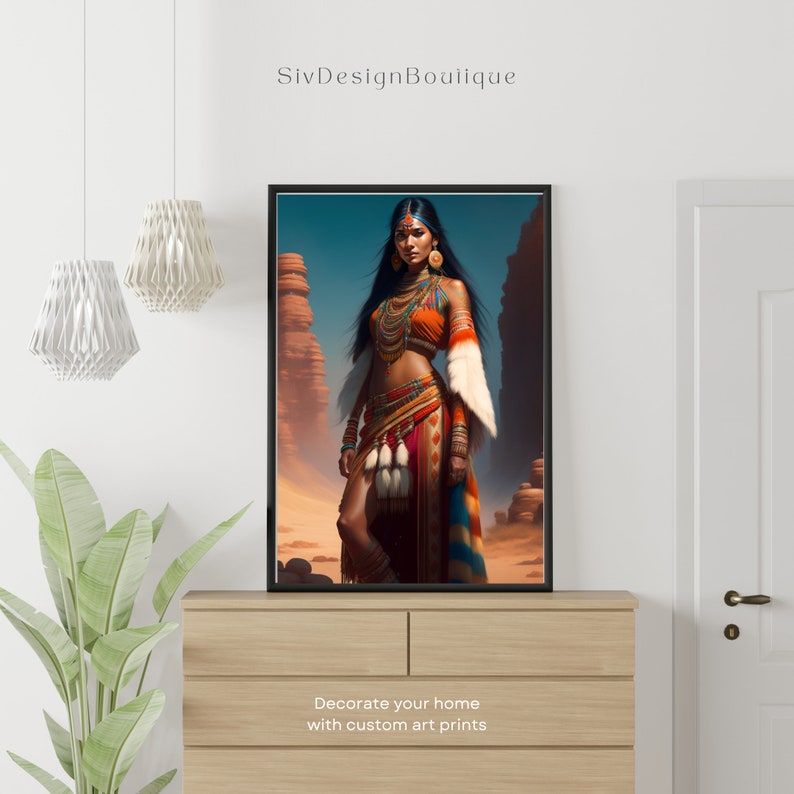 May include: A digital painting of a woman wearing a colorful Native American-inspired outfit. She is standing in a desert landscape with rock formations in the background. The woman has long black hair, dark eyes, and is wearing a beaded necklace, a feathered headdress, and a long skirt with fringe.