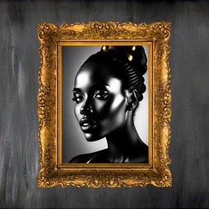 May include: A black and white portrait of a woman with a gold crown, framed in a gold ornate frame.
