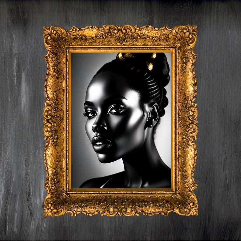 May include: A black and white portrait of a woman with a gold crown, framed in a gold ornate frame.