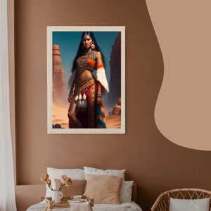 May include: A woman in a colorful Native American-inspired outfit stands in a desert landscape. She wears a long skirt, a beaded top, and a feathered headdress. The background features rock formations and a blue sky.