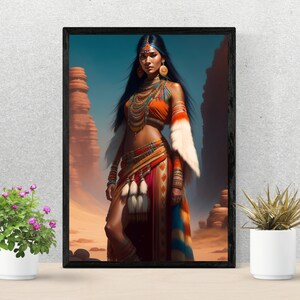 May include: A woman wearing a colorful, beaded, and feathered outfit stands in a desert landscape. She has long, dark hair and is wearing a beaded necklace, earrings, and bracelets. The background is a hazy, blue sky with a rocky outcrop in the distance.