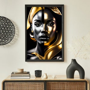 Pode incluir: Um retrato preto e dourado de uma mulher com um turbante dourado. O rosto da mulher &eacute; dividido ao meio, com um lado pintado de preto e o outro de ouro.