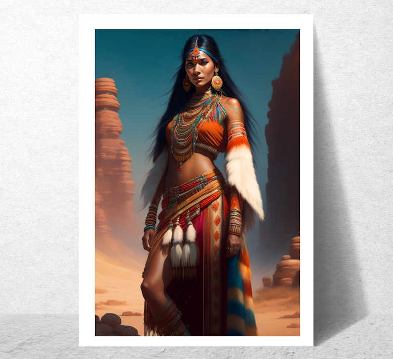 May include: A woman with long dark hair wears a colorful outfit with a feathered headdress and jewelry. She stands in a desert landscape with rock formations in the background.