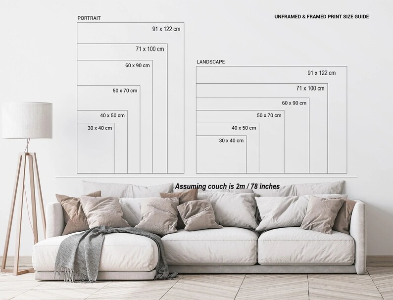 Pode incluir: Um diagrama que mostra diferentes tamanhos de impress&otilde;es sem moldura e com moldura em orienta&ccedil;&otilde;es retrato e paisagem. O diagrama inclui medidas em cent&iacute;metros e polegadas. O texto "Assuming couch is 2m/78 inches" est&aacute; na parte inferior do diagrama.