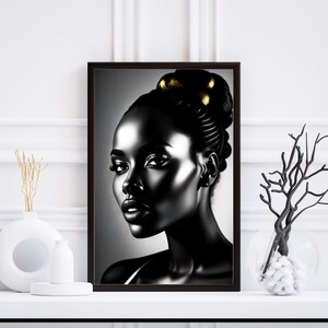 May include: Black and white portrait of a woman with gold hair accessories. The woman is looking to the right of the frame. The background is a light gray.