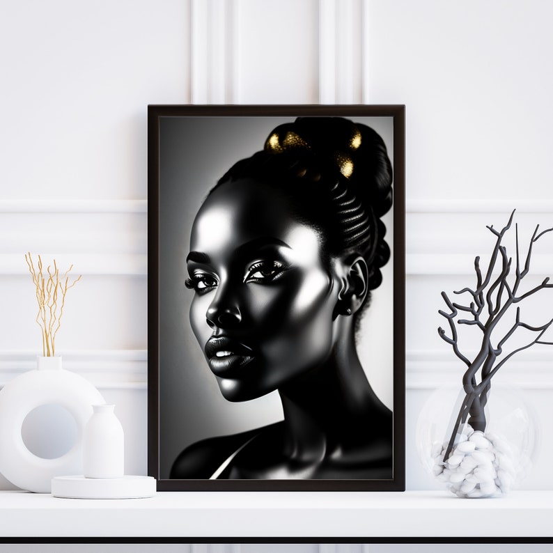 May include: Black and white portrait of a woman with gold hair accessories. The woman is looking to the right of the frame. The background is a light gray.