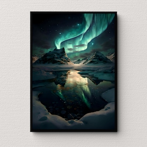 Northern lights Landscape | Stunning Aurora Night Sky | Aurora Borealis | Modern Home Decor Wall Art | Starry Sky Wall Art |