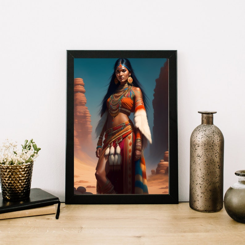 May include: A woman wearing a colorful, beaded, and feathered outfit stands in a desert landscape. She has long, dark hair and is wearing a headdress with a jewel on her forehead.