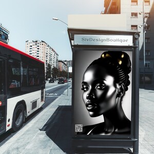 May include: A black and white portrait of a woman with gold accents in her hair. The portrait is on a bus stop advertisement with the text "SivDesignBoutique".