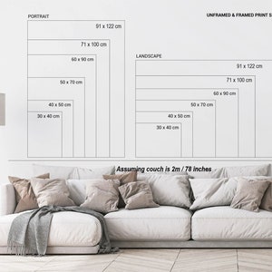 May include: A diagram showing different sizes of unframed and framed prints in portrait and landscape orientations. The diagram includes measurements in centimeters and inches. The text "Assuming couch is 2m/78 inches" is at the bottom of the diagram.