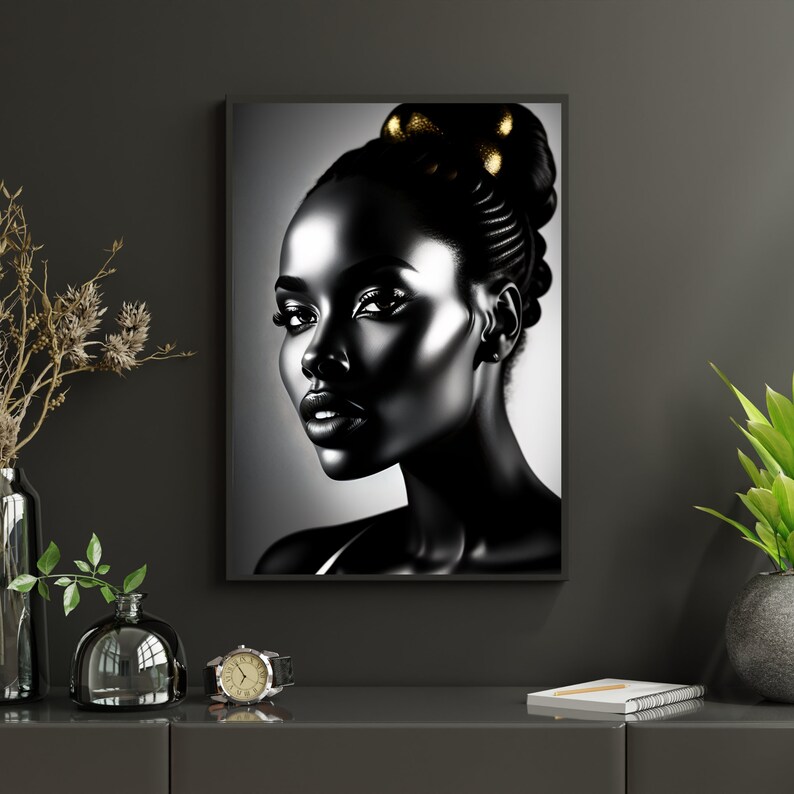 May include: Black and white portrait of a woman with gold accents in her hair. The woman is looking to the side with a serious expression. The background is a gradient of light and dark gray.