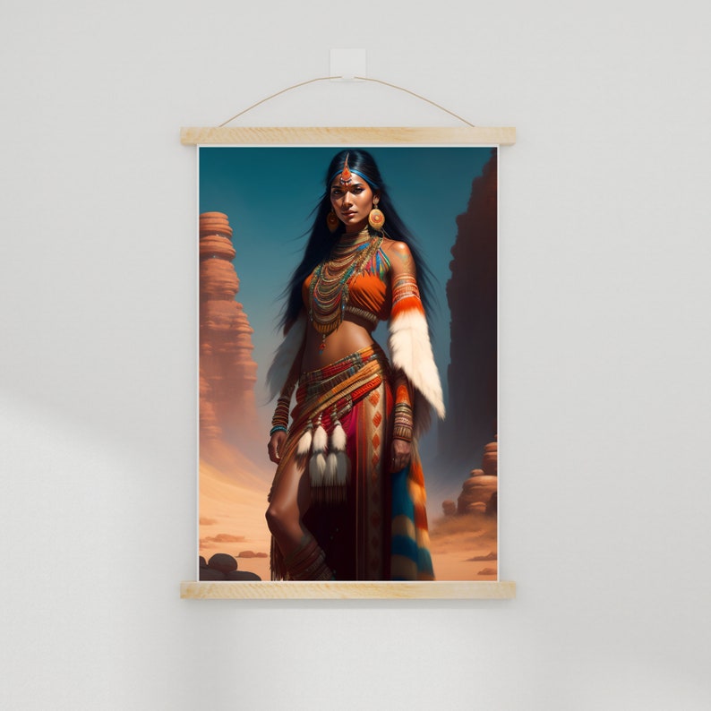 May include: A woman in a colorful, beaded, and feathered outfit stands in a desert landscape. She has long, dark hair and is wearing a headdress with a jewel on her forehead. The background features rock formations and a sandy desert.