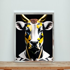 May include: A black and white cow with a yellow and black geometric pattern on its face. The cow is looking directly at the camera with a serious expression.