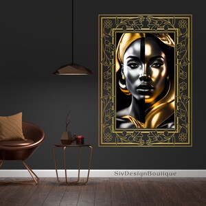 Pode incluir: Um retrato preto e dourado de uma mulher com um adorno de cabe&ccedil;a dourado, emoldurado em uma moldura dourada ornamentada com desenhos florais. O texto "SivDesignBoutique" est&aacute; na parte inferior da imagem.