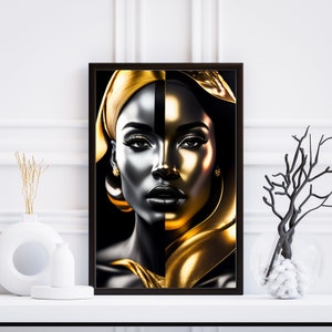 Pode incluir: Um retrato preto e dourado de uma mulher com o rosto dividido ao meio, um lado dourado e o outro preto. A mulher est&aacute; usando um turbante dourado e brincos dourados.