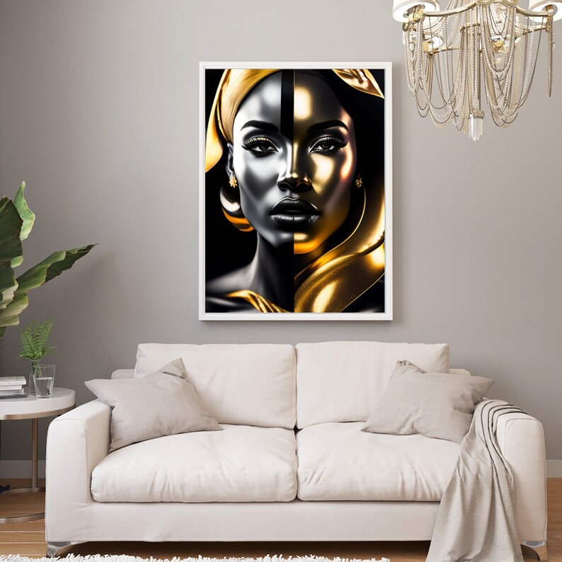 Pode incluir: Uma impress&atilde;o de arte digital que apresenta o rosto de uma mulher dividido ao meio, um lado preto e o outro dourado. A mulher est&aacute; usando um turbante dourado e tem uma express&atilde;o s&eacute;ria.