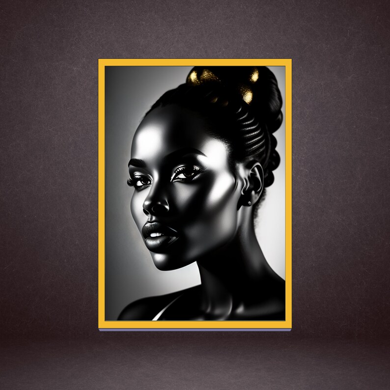 May include: A black and white portrait of a woman with a gold hairpiece. The woman's face is highlighted with a metallic sheen.