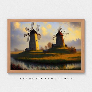 Printable Oil Painting | Windmills on a hill | Digital Download