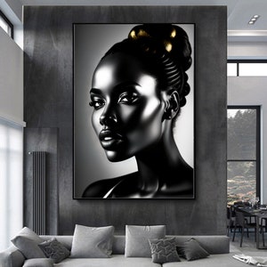 May include: Black and white portrait of a woman with a gold hair accessory. The woman's face is highlighted with a metallic sheen.