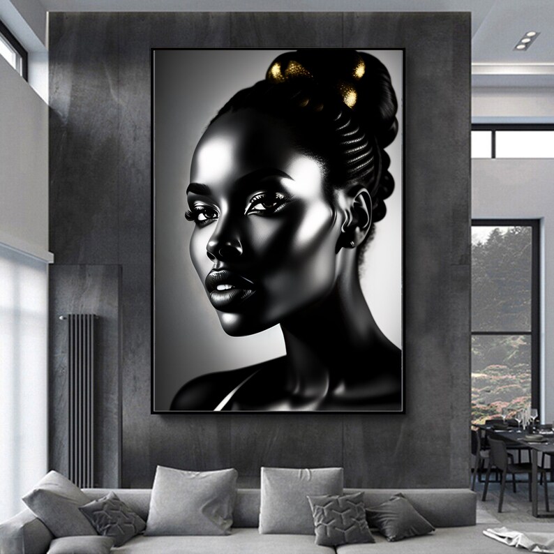 May include: Black and white portrait of a woman with a gold hair accessory. The woman's face is highlighted with a metallic sheen.