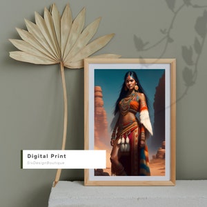 May include: A digital print of a woman wearing a colorful Native American-inspired outfit. She is standing in a desert landscape with red rock formations in the background. The print is framed in a light wood frame.