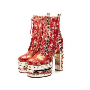 Women Floral Pattern Platform Lace-Up Crude Heel Metal Boots