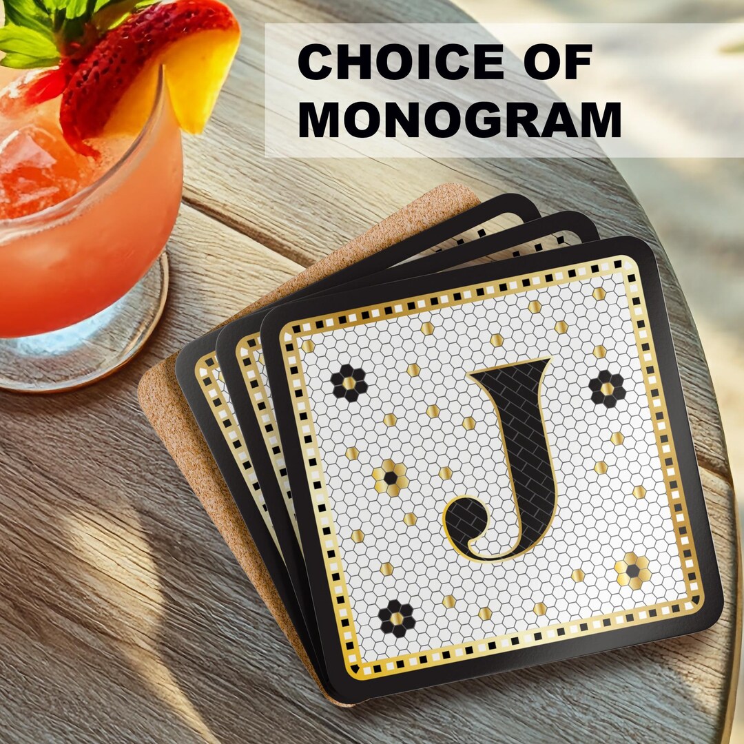 Monogram Tile Coasters Monogram Initial Cork Coaster Set: Retro Bistro Tile Design - Etsy