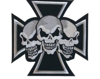 Patch brodé Punk à trois têtes de mort et croix, Cool, appliqué à coudre sur Badge, vêtements, sac, veste, jean