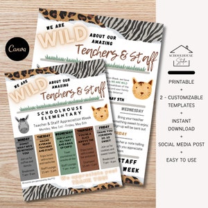 Folleto de itinerario de la Semana de agradecimiento a maestros y personal con el tema "Jungla salvaje sobre ti", carta para enviar a casa, programar eventos, calendario, Canva