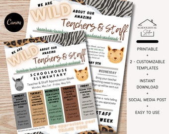 EDITABLE Jungle Wild About You Theme Teacher and Staff Appreciation Week Itinerary Flyer, Send Home Letter, Schedule Events, Room Parent