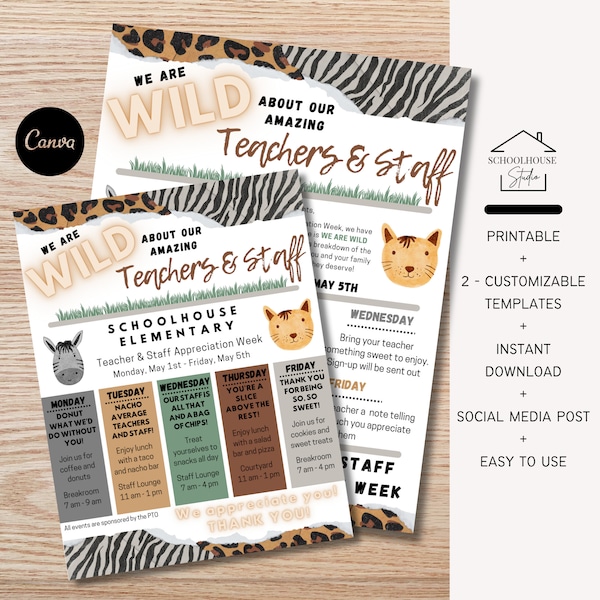 EDITABLE Jungle Wild About You Theme Teacher and Staff Appreciation Week Itinerary Flyer, Send Home Letter, Schedule Events, Room Parent