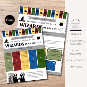 Folleto de agradecimiento para profesores y personal de Wizards Magic, Harry Potter, plantilla, archivo digital, Canva
