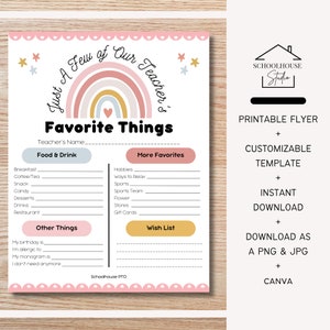 Rainbow Teacher Favorites Template: Editable Back to School Intro & Teacher Appreciation Week (Canva, Printable Handout, Digital Download)
