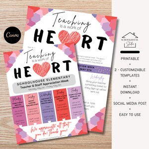 Folleto de agradecimiento para maestros y personal con temática de corazones editable, carta para enviar a casa, programar eventos, calendario imprimible, descarga, Canva