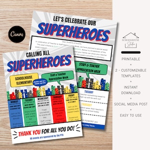 Folleto editable de itinerario de la Semana de agradecimiento a maestros y personal con temática de superhéroes, carta para enviar a casa, programar eventos, para padres de aula, imprimible